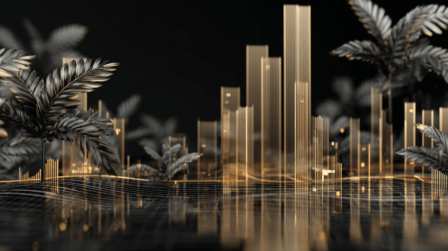 Gold and black futuristic city with palm trees.