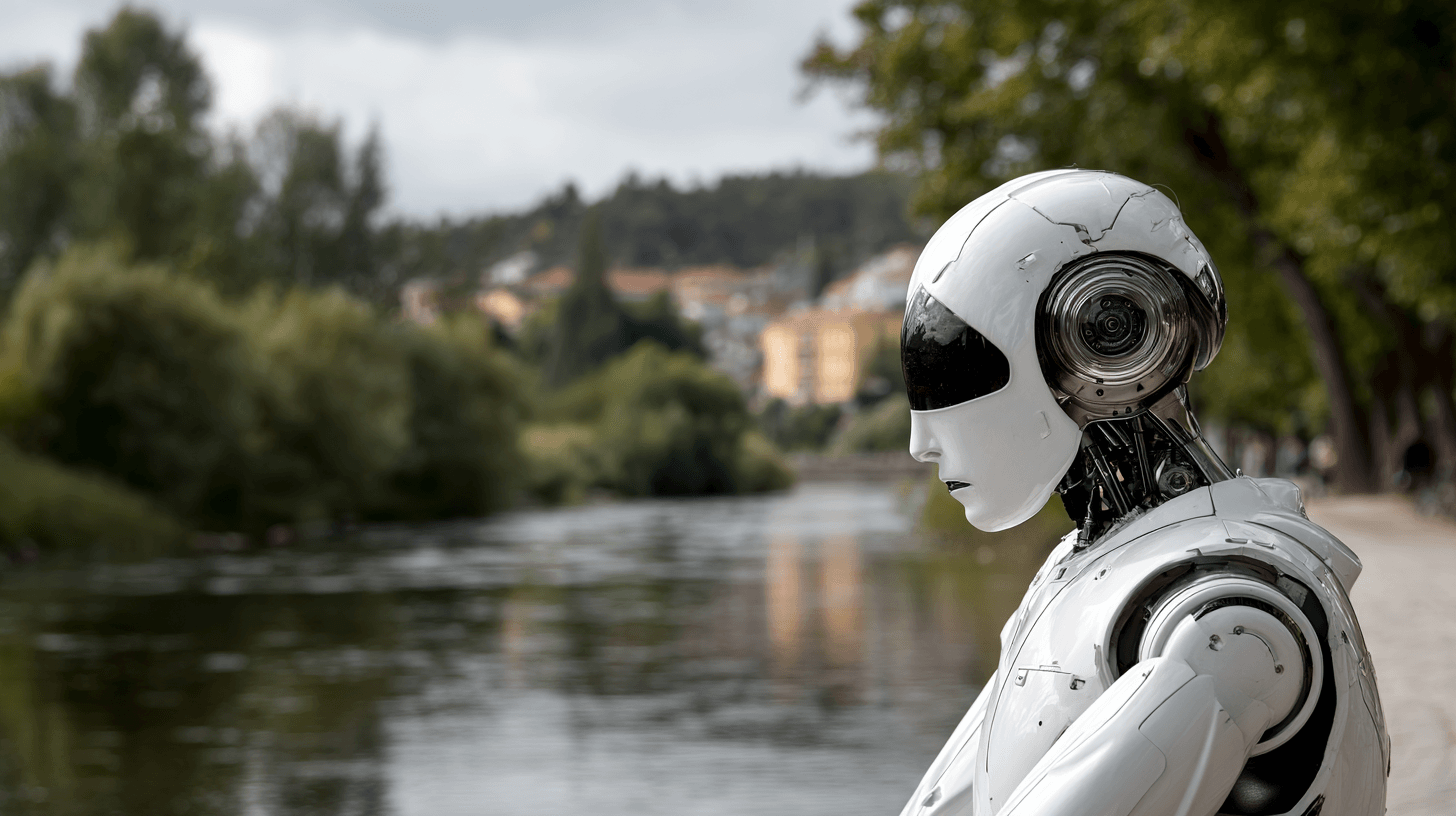 Robot by river in city landscape