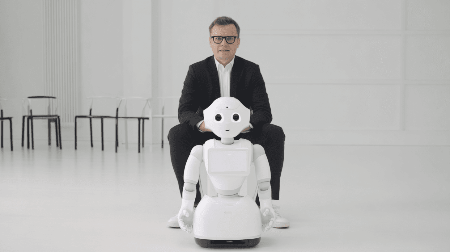 Person seated behind a humanoid robot indoors.