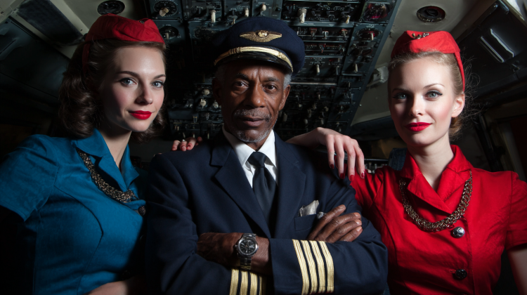 Pilot with two flight attendants in vintage uniforms.