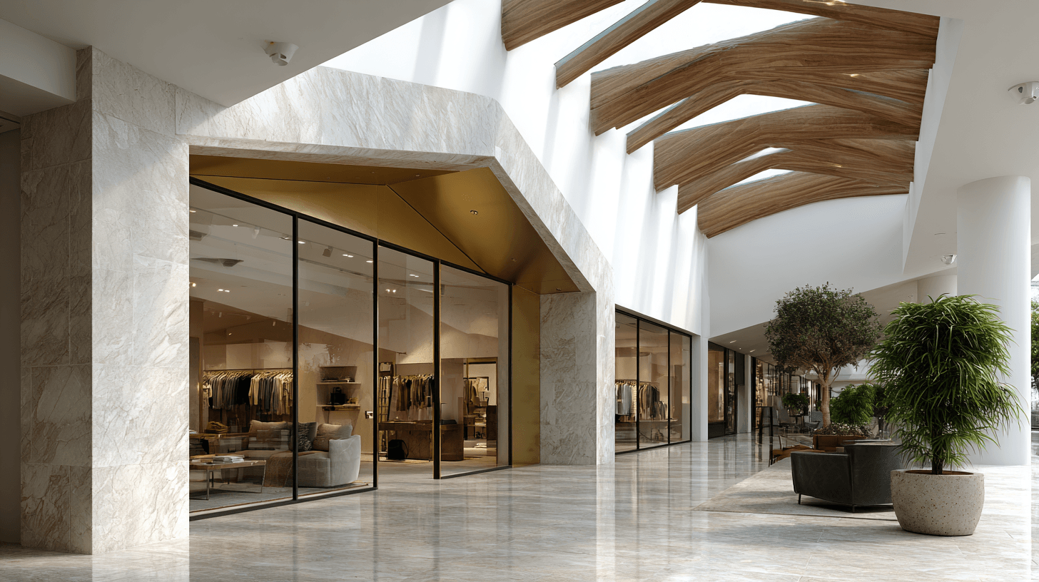 Modern shopping mall corridor with plants and store.