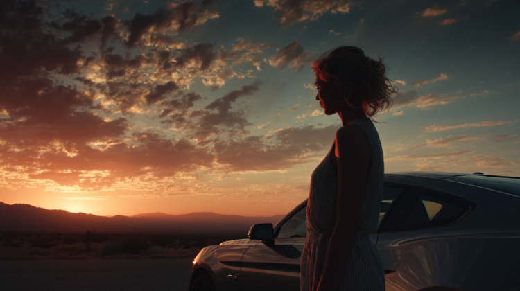 Silhouette of woman by a car at sunset.