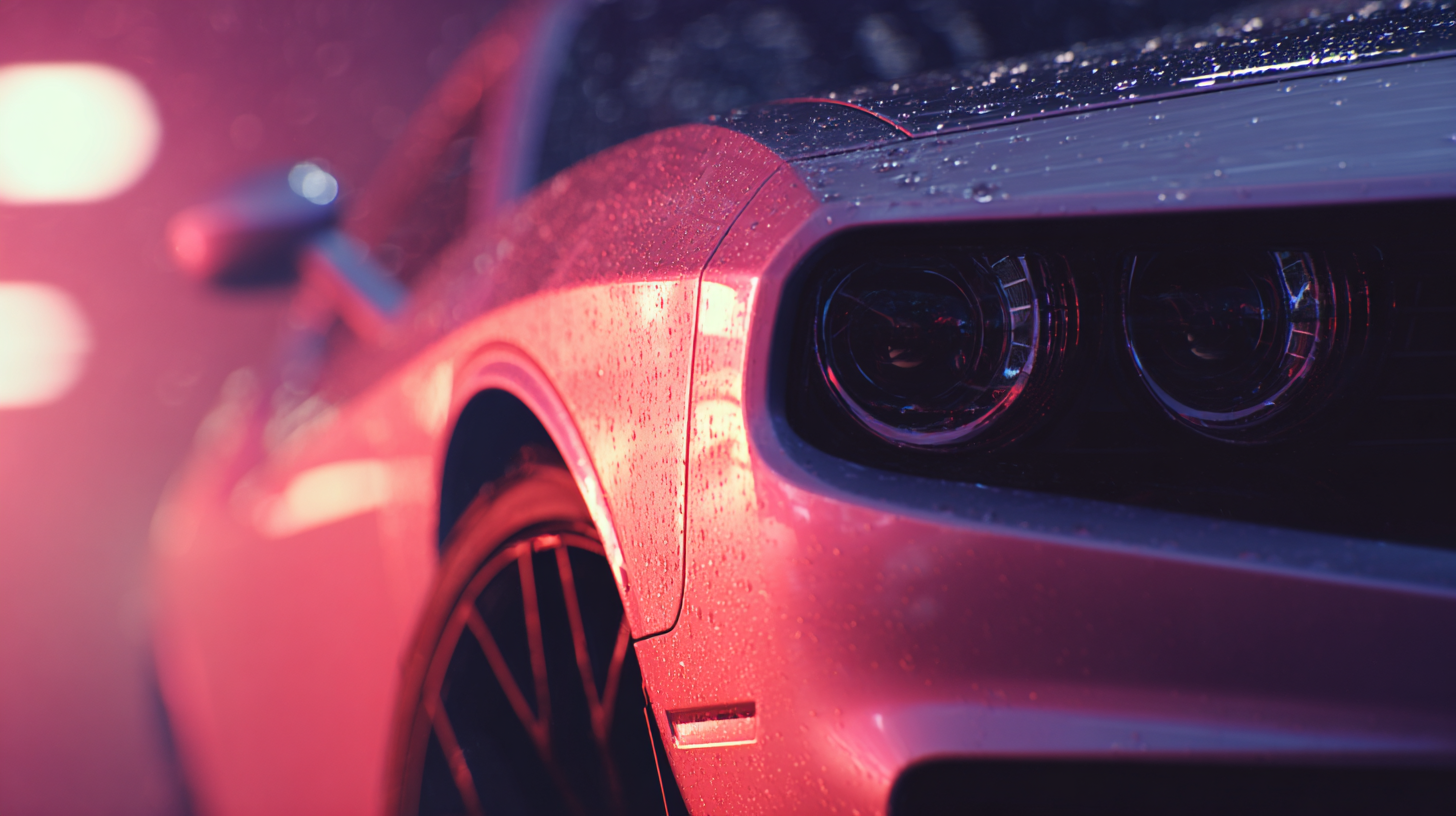 Close-up of sleek red sports car with raindrops.
