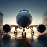 Airplane parked in airport hangar at sunset.