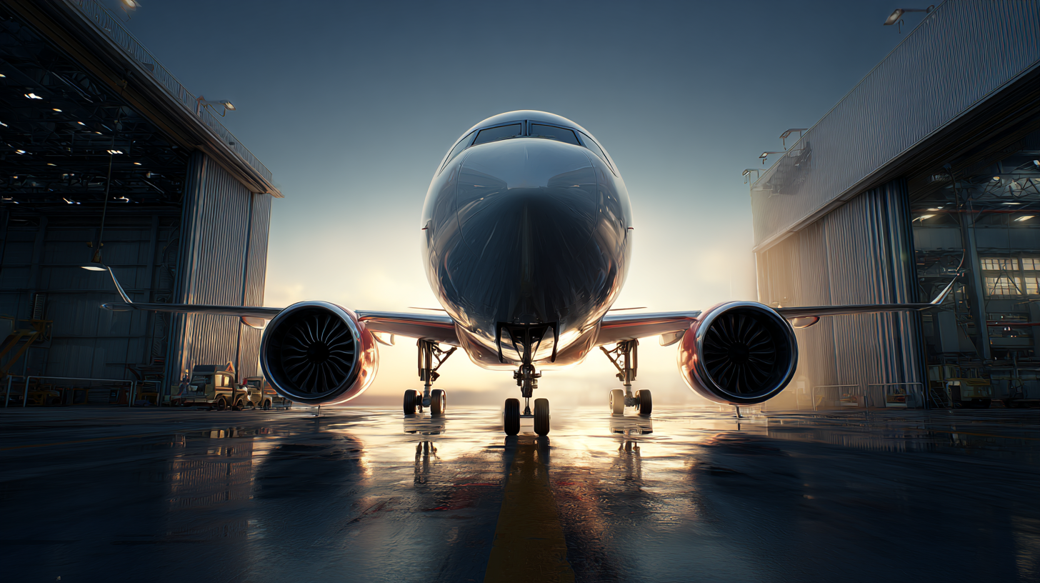 Airplane parked in airport hangar at sunset.