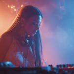 Female DJ performing under colorful lights