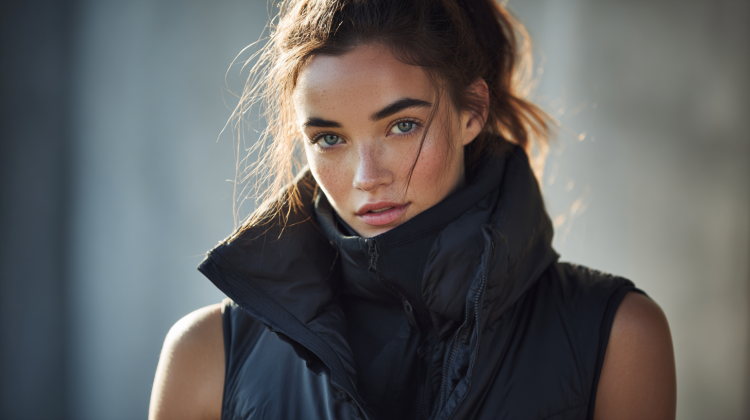 Woman in black sleeveless jacket indoors