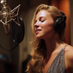 Woman singing into studio microphone