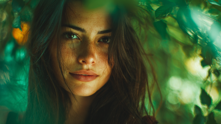 Woman's face framed by green leaves in nature.