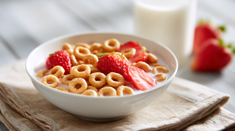 Cereal with strawberries and milk in white bowl.