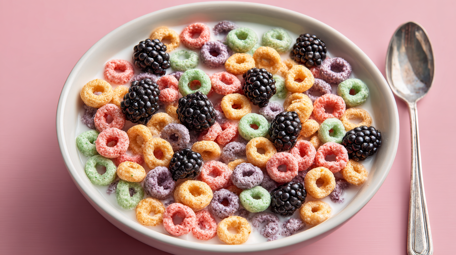 Colorful cereal and blackberries in a bowl