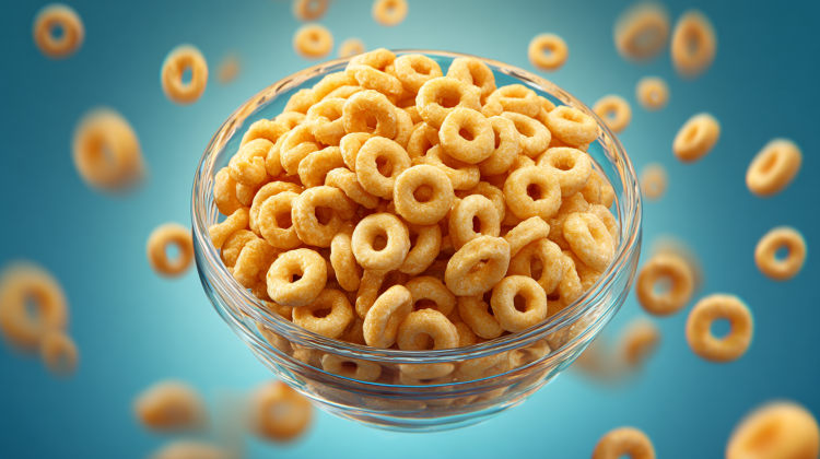 Bowl of crunchy cereal rings against blue background