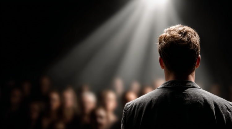 Person speaking on stage, spotlighted audience listening.