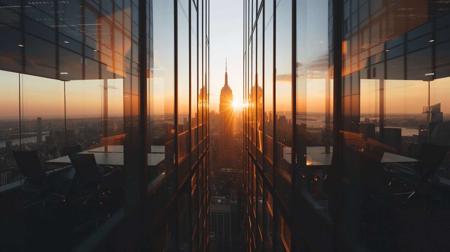 Sunset reflecting between skyscrapers in a city
