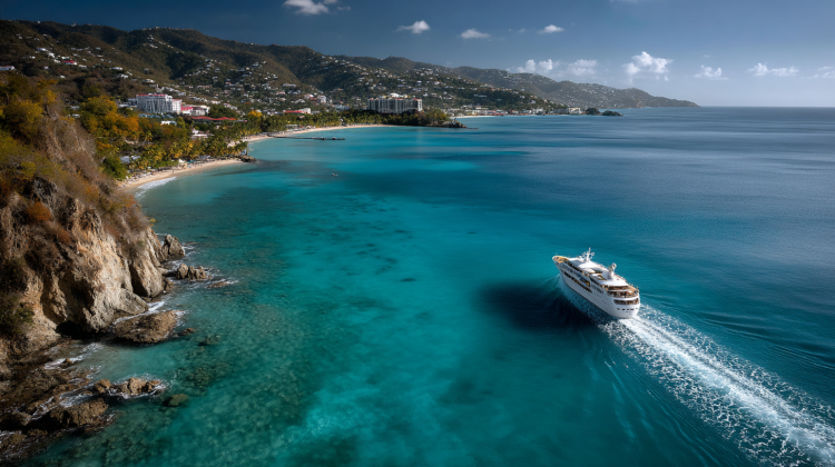 Cruise ship near tropical island coastline.