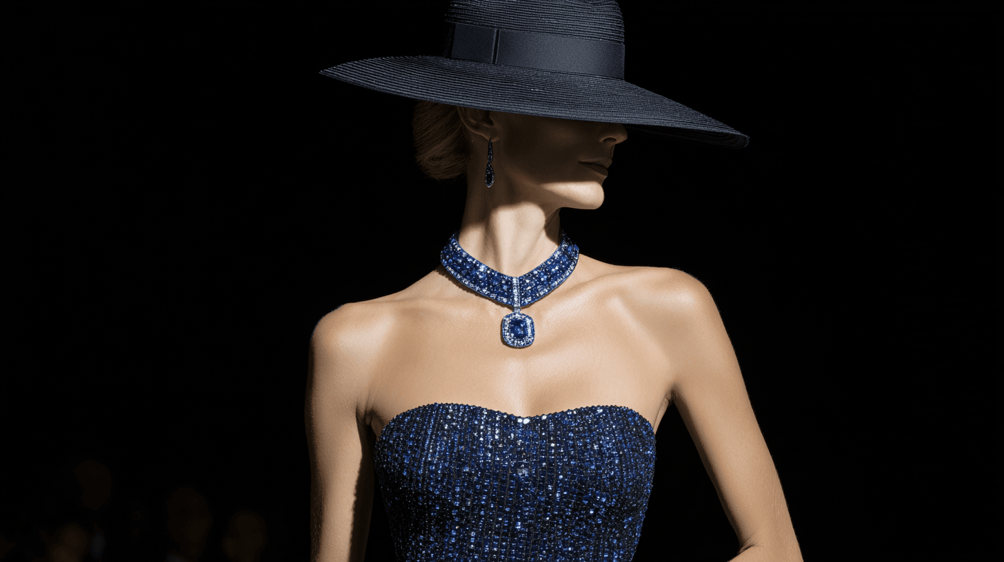 Elegant model in blue beaded gown and hat.