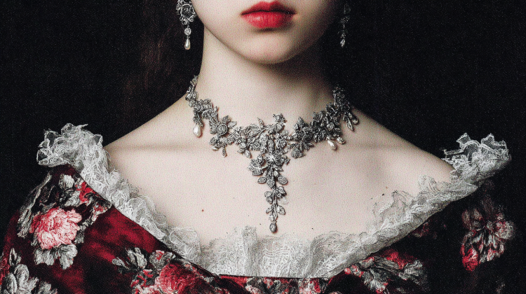 Ornate silver necklace and earrings on woman in dress