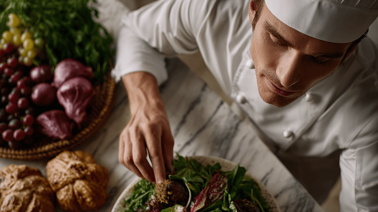 Chef garnishing salad with vegetables and bread nearby.
