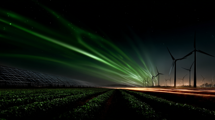 Solar panels and wind turbines under green aurora sky.
