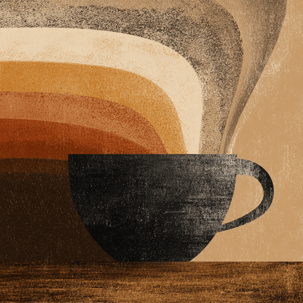 Textured coffee cup with swirling steam pattern.