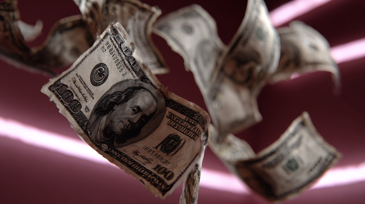 Flying hundred-dollar bills against red background