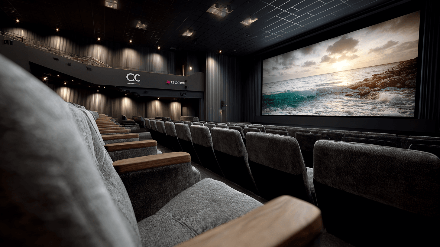 Empty cinema with ocean scene on big screen.