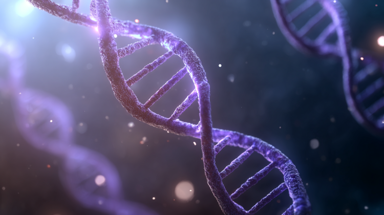 Close-up of a glowing purple DNA strand.