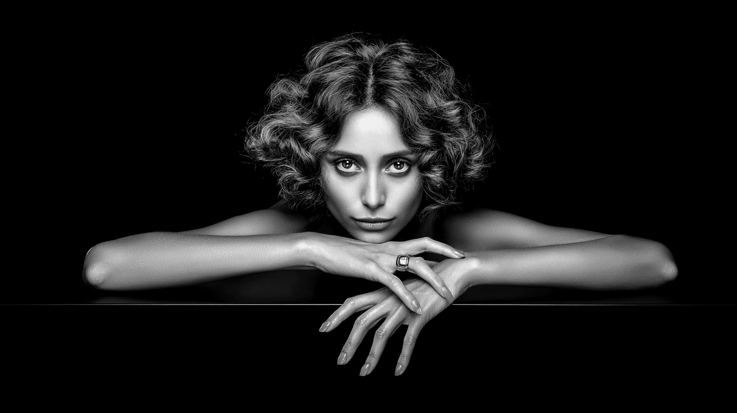 Black and white portrait of woman with curly hair.
