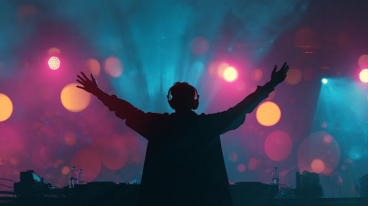 DJ silhouette with colorful stage lights