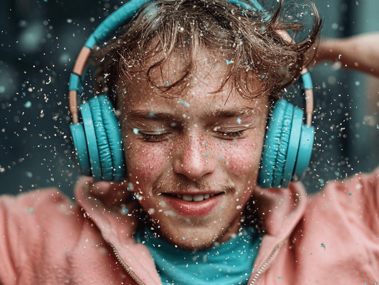 Smiling person enjoying music with headphones.