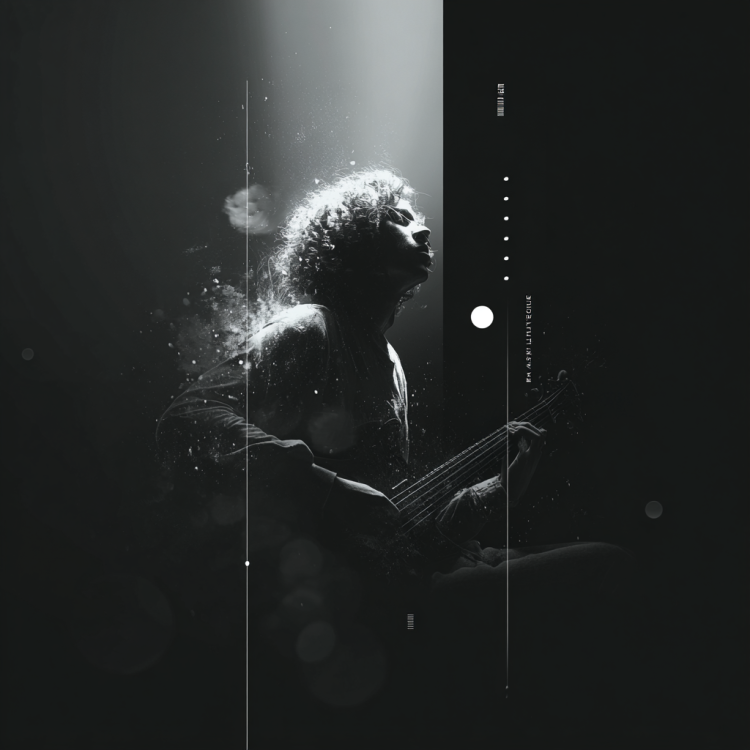 Guitarist playing under dramatic spotlight.