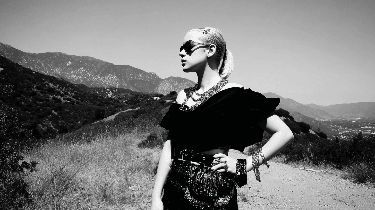 Stylish woman posing in mountainous landscape.