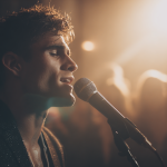 Singer performing under spotlight on stage.