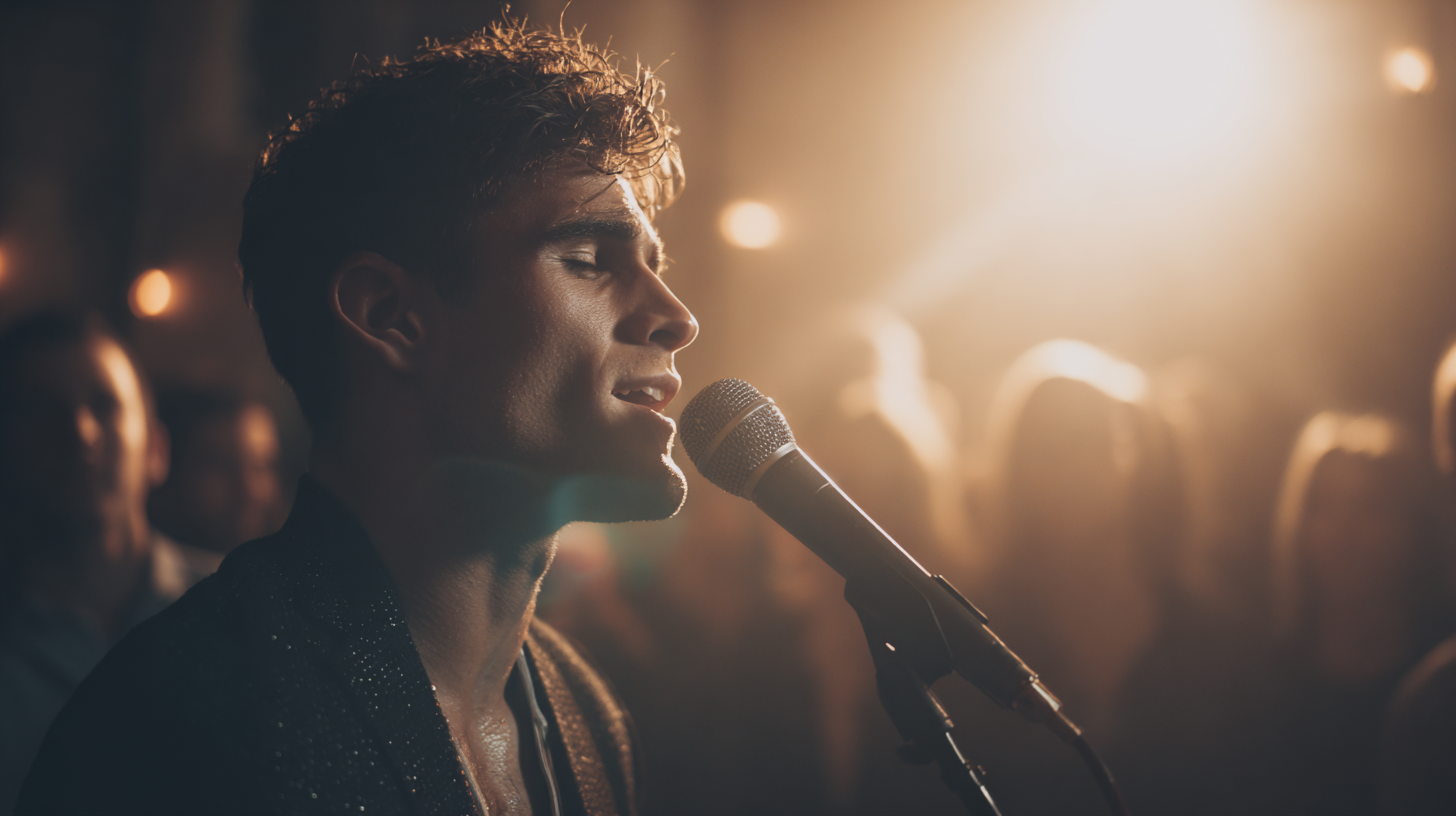 Singer performing under spotlight on stage.
