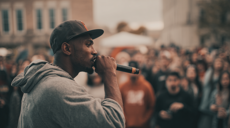 Man performing with microphone at outdoor event.