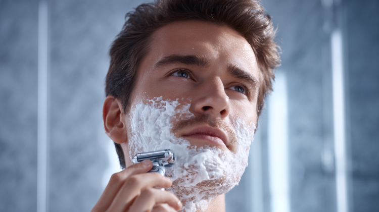 Man shaving with electric razor and foam.