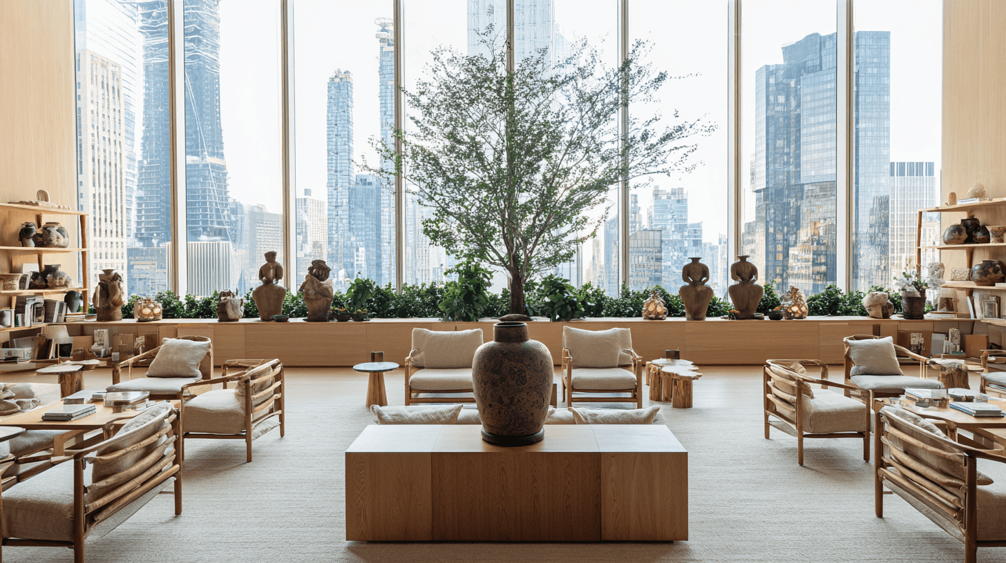 Modern lounge with city skyline view.