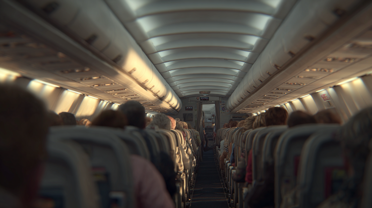 Passengers seated in airplane cabin interior view.