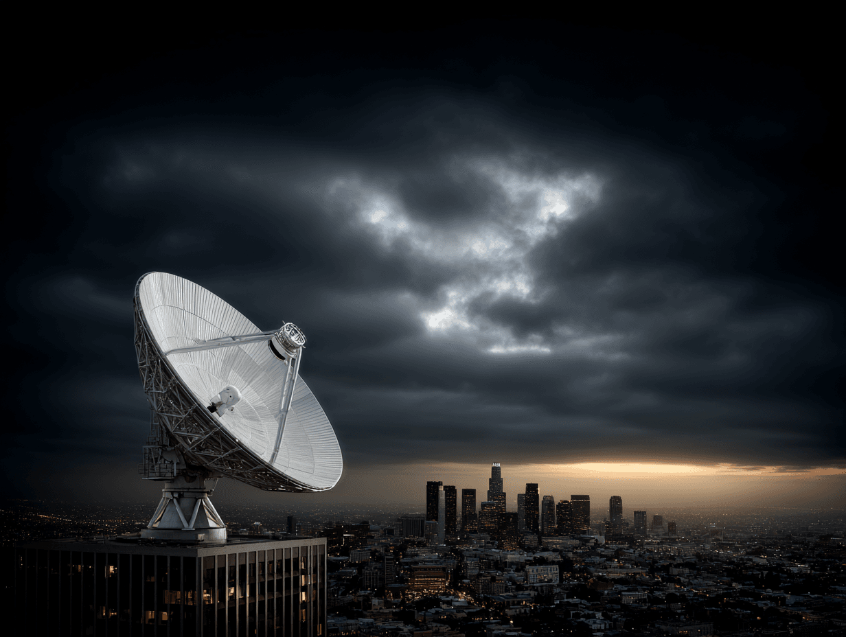 Satellite dish over cityscape at dusk.