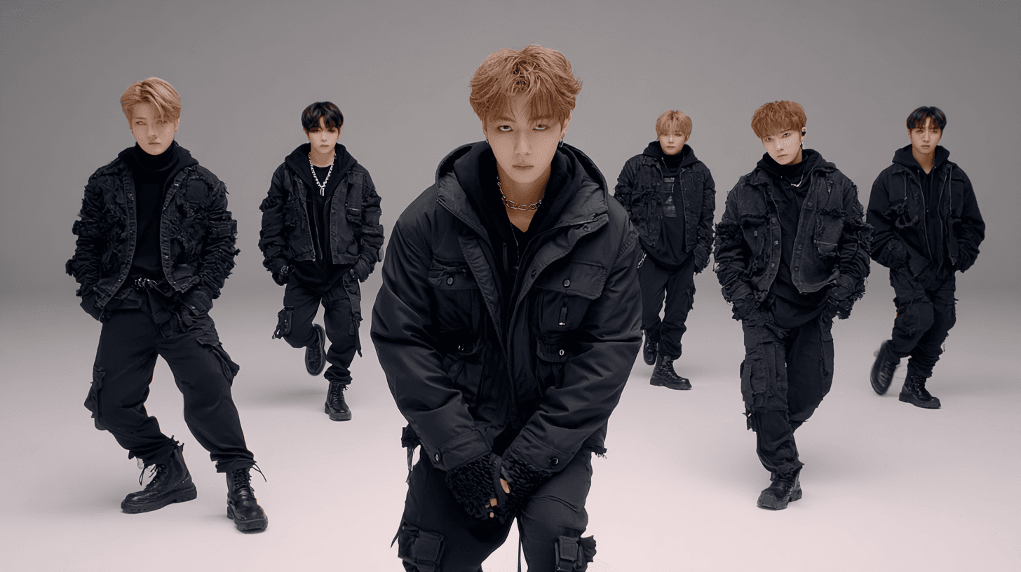 Group of six dancers in black outfits performing.