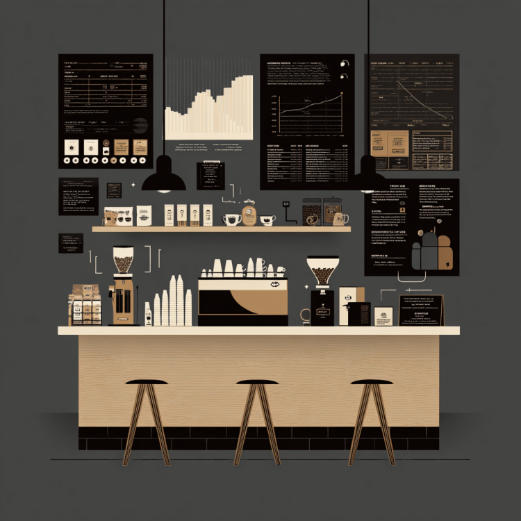 Trendy coffee shop with infographics and equipment display.