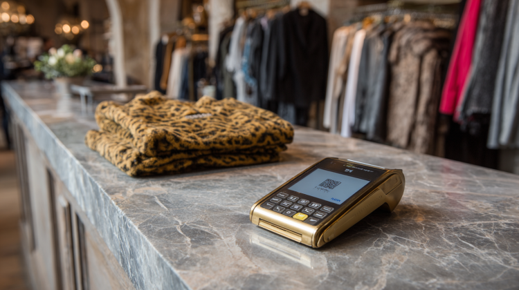Retail counter with card reader and folded sweater