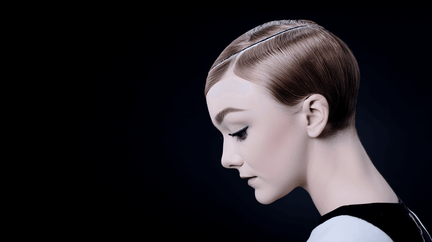 Profile of person with sleek hairstyle and makeup.