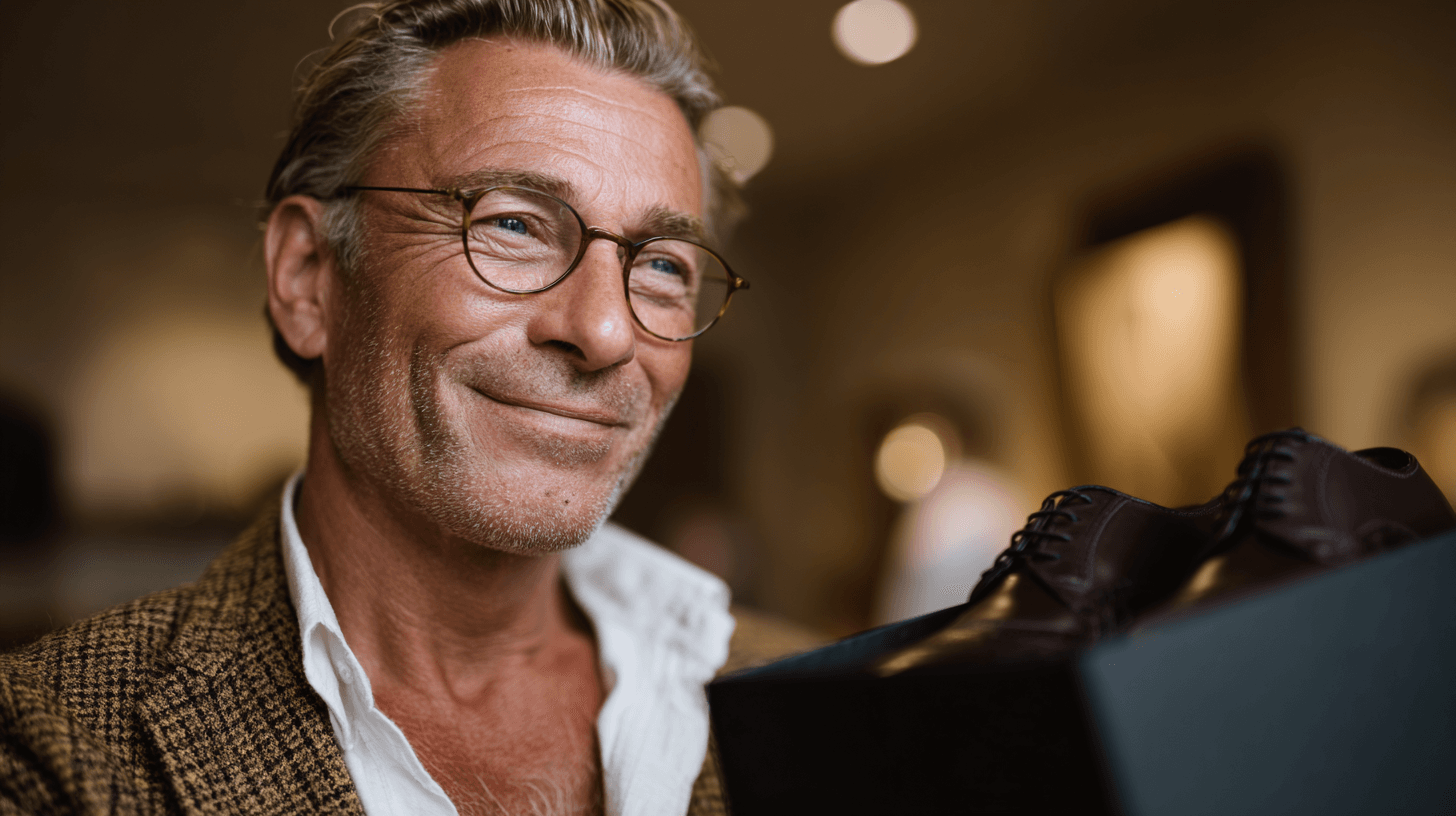 Man smiling, holding new shoes in box.