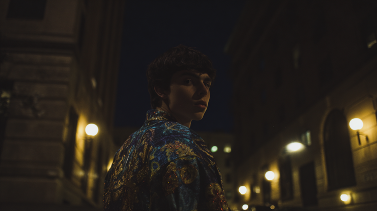 Person in colorful jacket on dimly lit street.