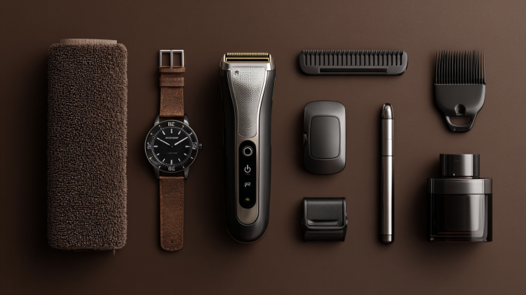 Grooming essentials: razor, watch, towel, perfume, and more.