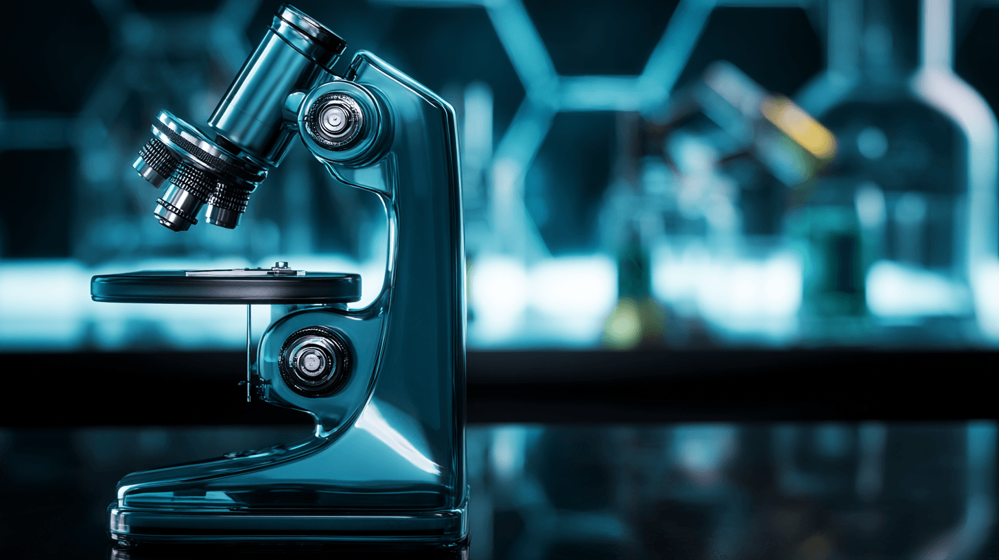 Laboratory microscope with scientific equipment background
