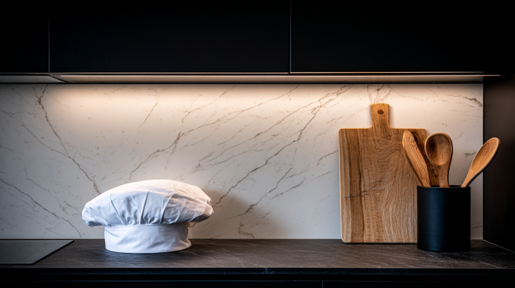 Chef hat, cutting board, and spoons on kitchen counter.