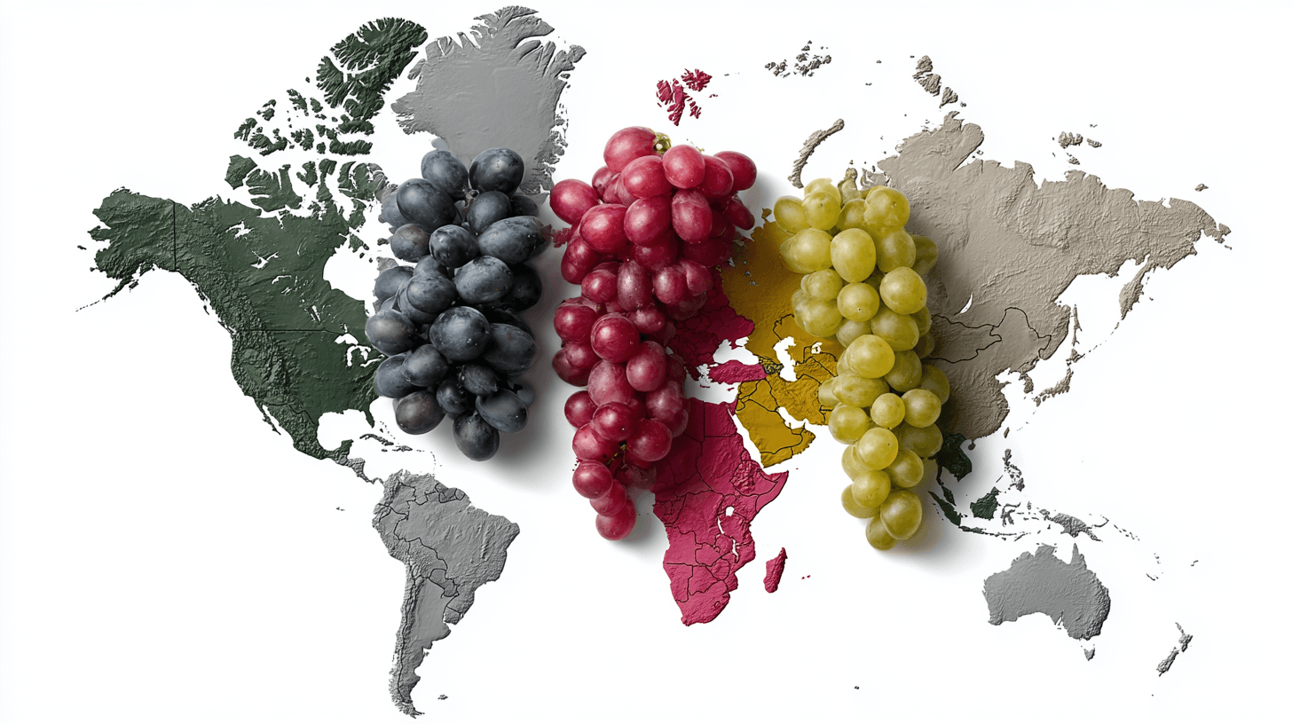 Grapes varieties on world map illustration