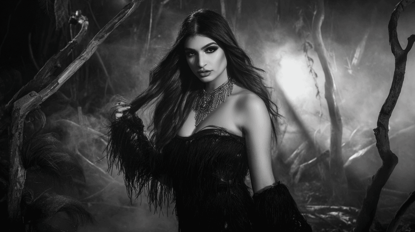 Gothic woman in forest, wearing dark feathered outfit.